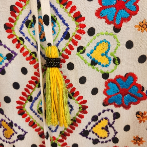 JOHN MARK EMBROIDERED SHORT SLEEVE COLORFUL PEASANT TOP BLOUSE TASSLE TIE MEDIUM - Picture 4 of 7
